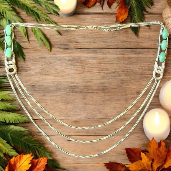 KENNETH COLE Silver Tone Layered Chain Necklace w/ Green Beads & Snake Design - Picture 1 of 9